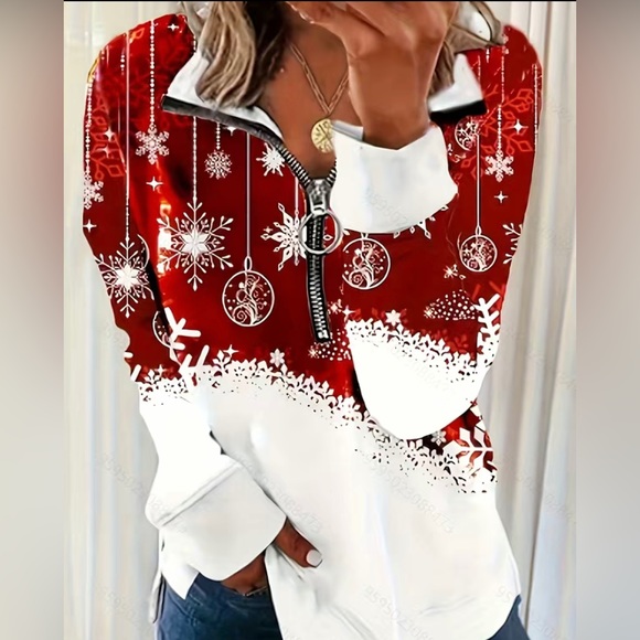 NEW Women’s M Red White 1/2 Zip Stand Collar Snow Holiday Christmas Sweatshirt - Picture 1 of 14